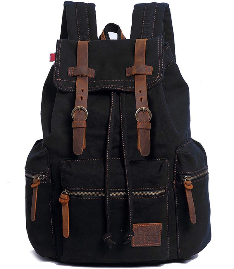 HuaChen Vintage Canvas Backpack, Casual Daypack Travel Rucksack with Leather for Men Women, 14â€³ Laptop Compartment & Hidden Antiâ€‘Theft Pocket, Hiking/School - M32 Black - Image 1